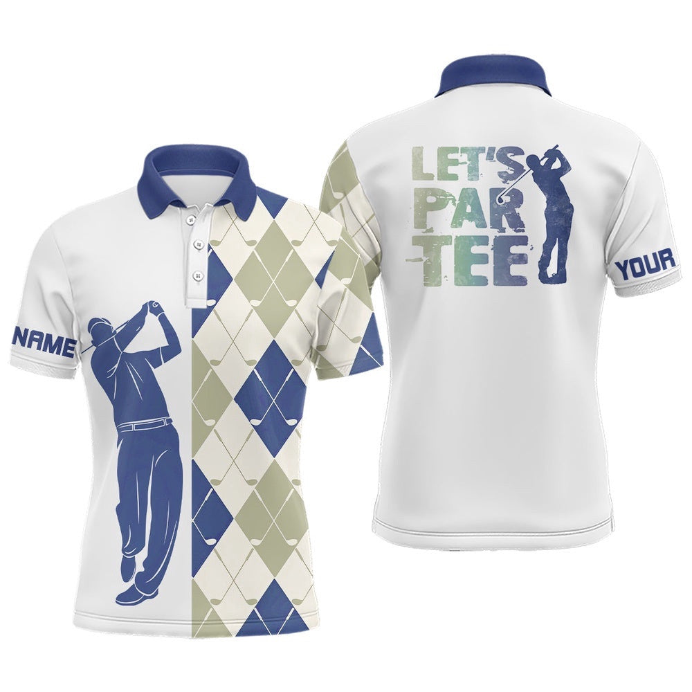 Blue And White Golf Shirt Argyle Pattern Golf Clubs Custom Name Men's Golf Polo Shirt Let'S Par Tee, Golf Polo Shirt, Golf Shirts
