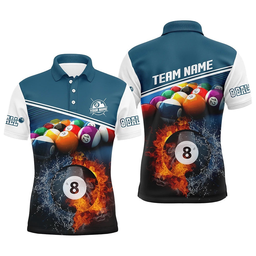 Fire And Water 8 Ball Billiards Blue 3D Polo Shirts, Custom Billiards Polo, Personalized Billiard Polo Shirt