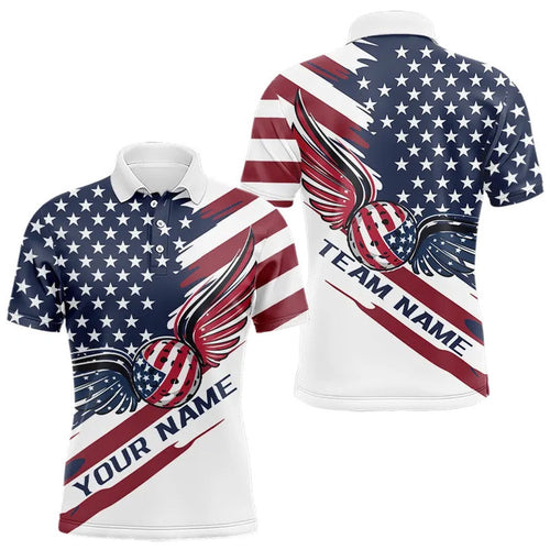 Custom US Flag Patriotic Pickleball Polo Shirts For Men, Pickleball Ball With Wings Shirt, Pickleball Polo Shirts