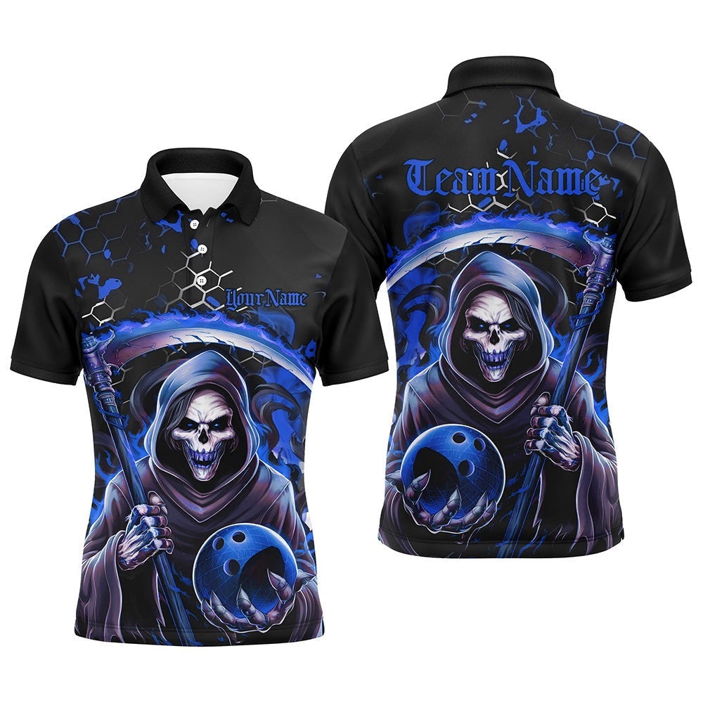 Blue And Black Custom Grim Reaper Bowling Polo Shirts For Men, Halloween Skull Bowling Shirt Outfit, Personalized Bowling Team Shirt