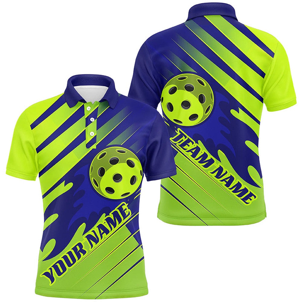 Blue And Green Custom Flame Ball Pickleball Shirts For Men, Pickleball Team Uniform, Pickleball Polo Shirts