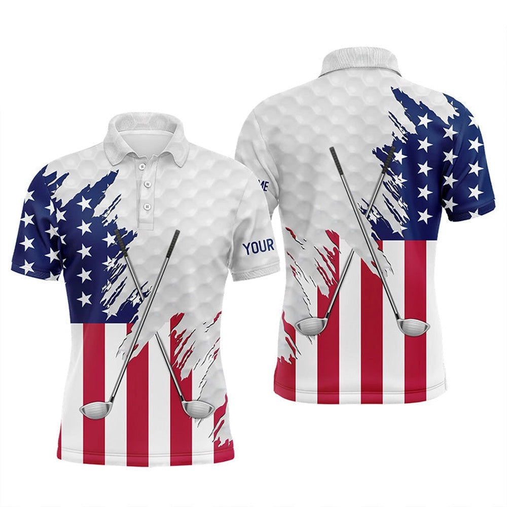 American Flag Golf Clubs Patriotic Custom Name White Men's Team Men's Golf Tops, Golf Polo Shirt, Golf Shirts