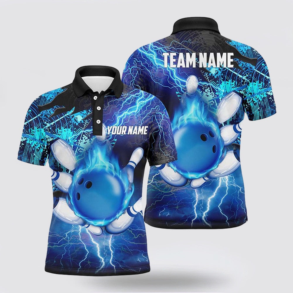 Bowling Polo Shirt, Men Bowling Polo Shirt Custom Flame Lightning Thunder Team Bowling Jerseys For Ladies Blue