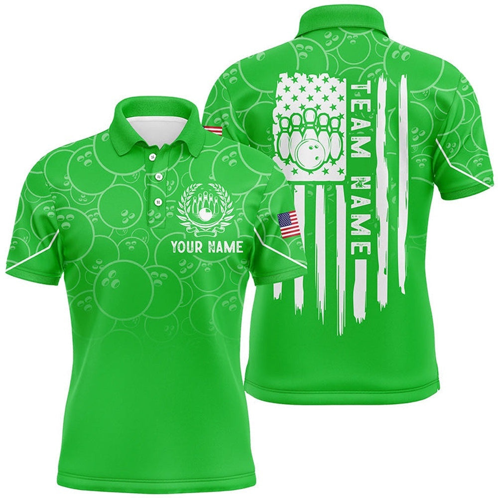 Green Bowling Camo Mens Polo Bowling Shirts Custom American Flag Patriotic Bowling Team League Polo Shirt, Personalized Bowling Team Shirt