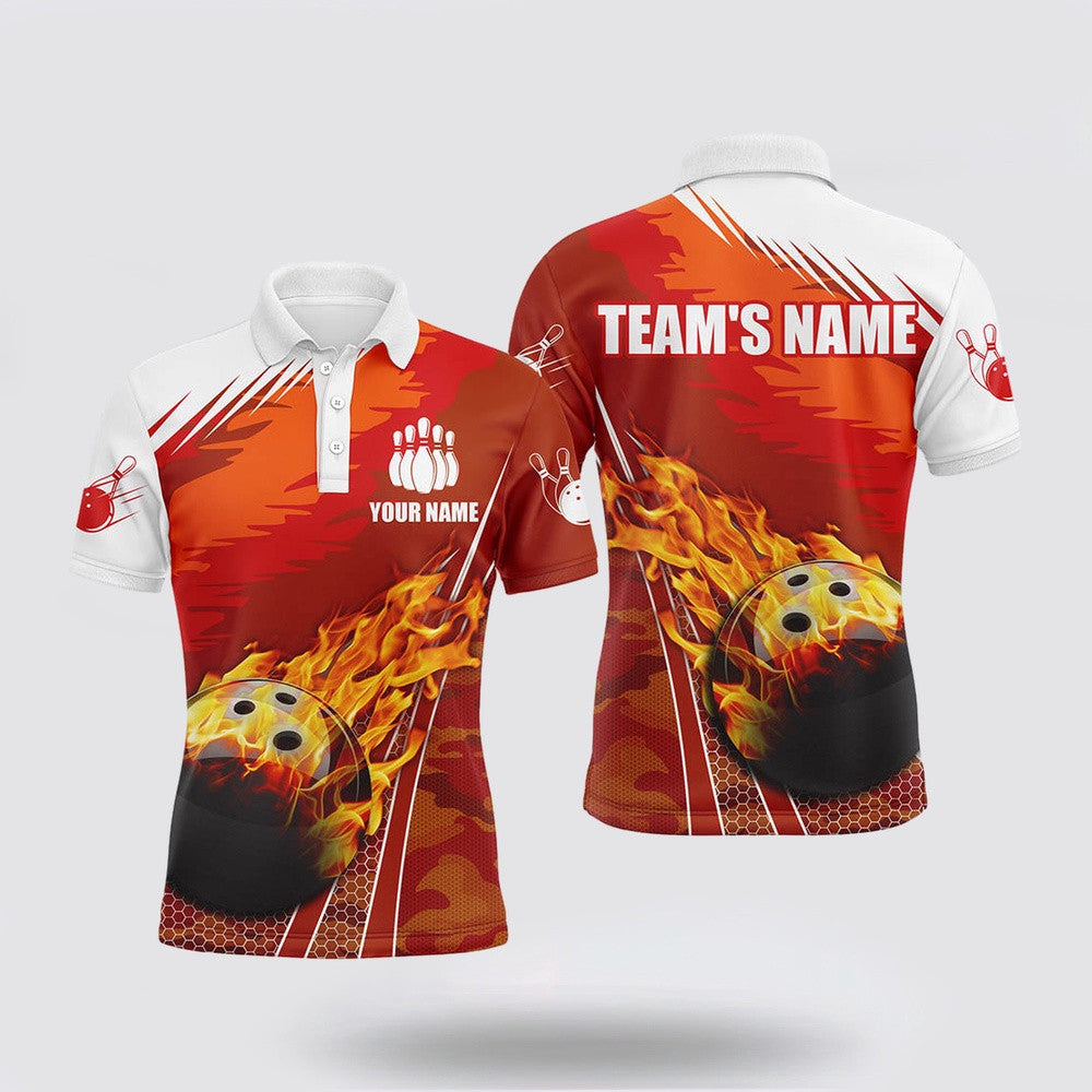 Bowling Polo Shirt, Flame Bowling Mens Polo Shirt, Custom Name Team Bowlers Jersey Short Sleev