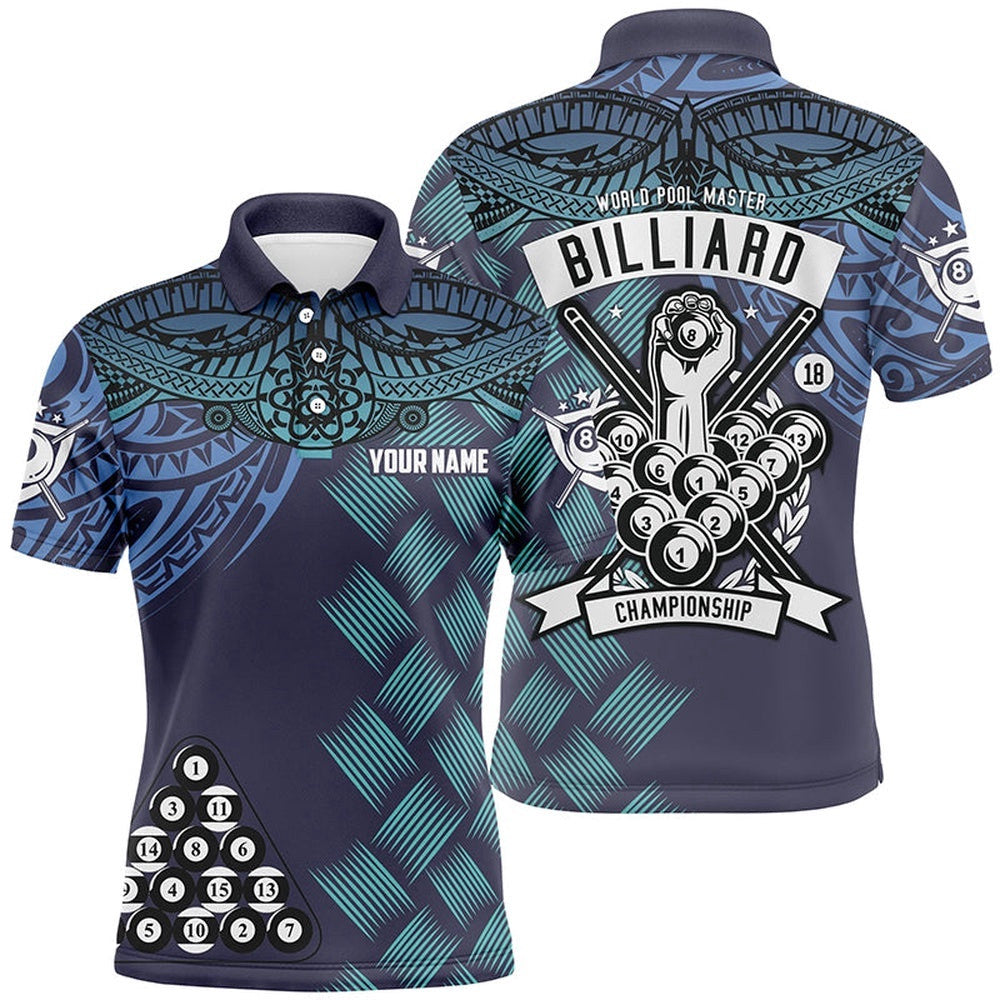 Blue Tribal Pattern Billiard Championship 3D Polo Shirts, 8 Ball Pool Polo, Personalized Billiard Polo Shirt
