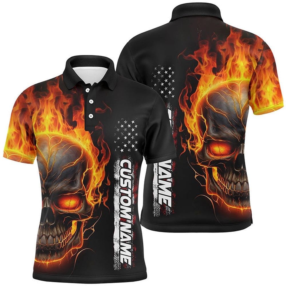 Flame Skull Custom Bowling Polo Shirts For Men And Women, American Bowling Team Polo Shirt, Personalized Bowling Team Shirt
