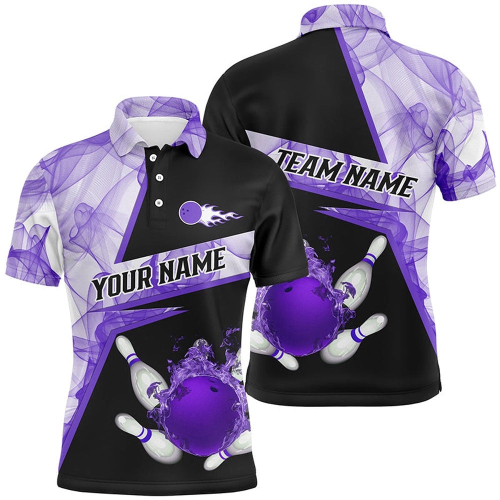 Bowling Flame Purple Smoke Pattern Custom Black Mens Bowling Polo Shirts, Team Bowling League Polo Shirt, Personalized Bowling Team Shirt