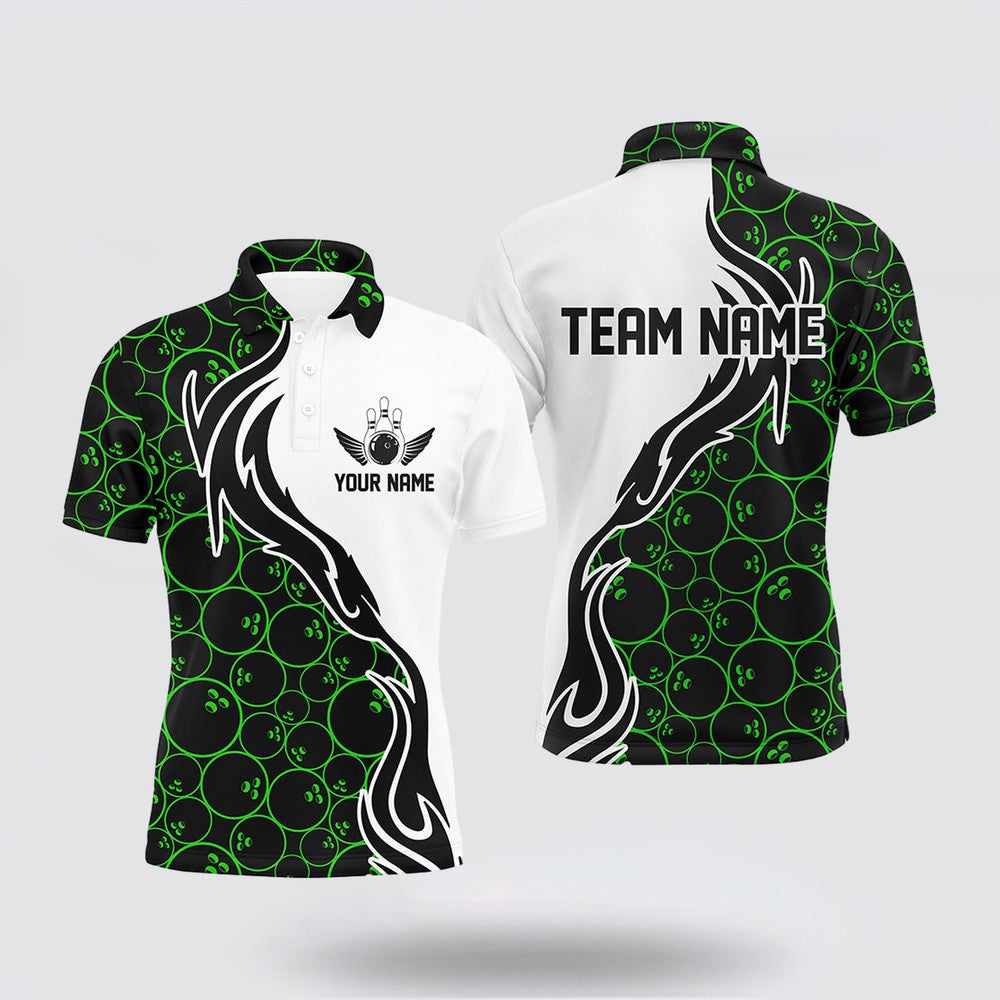 Bowling Polo Shirt, Green Bowling Pattern Custom Men Bowling Polo Shirts Flame Bowling Team Jerseys Tournament