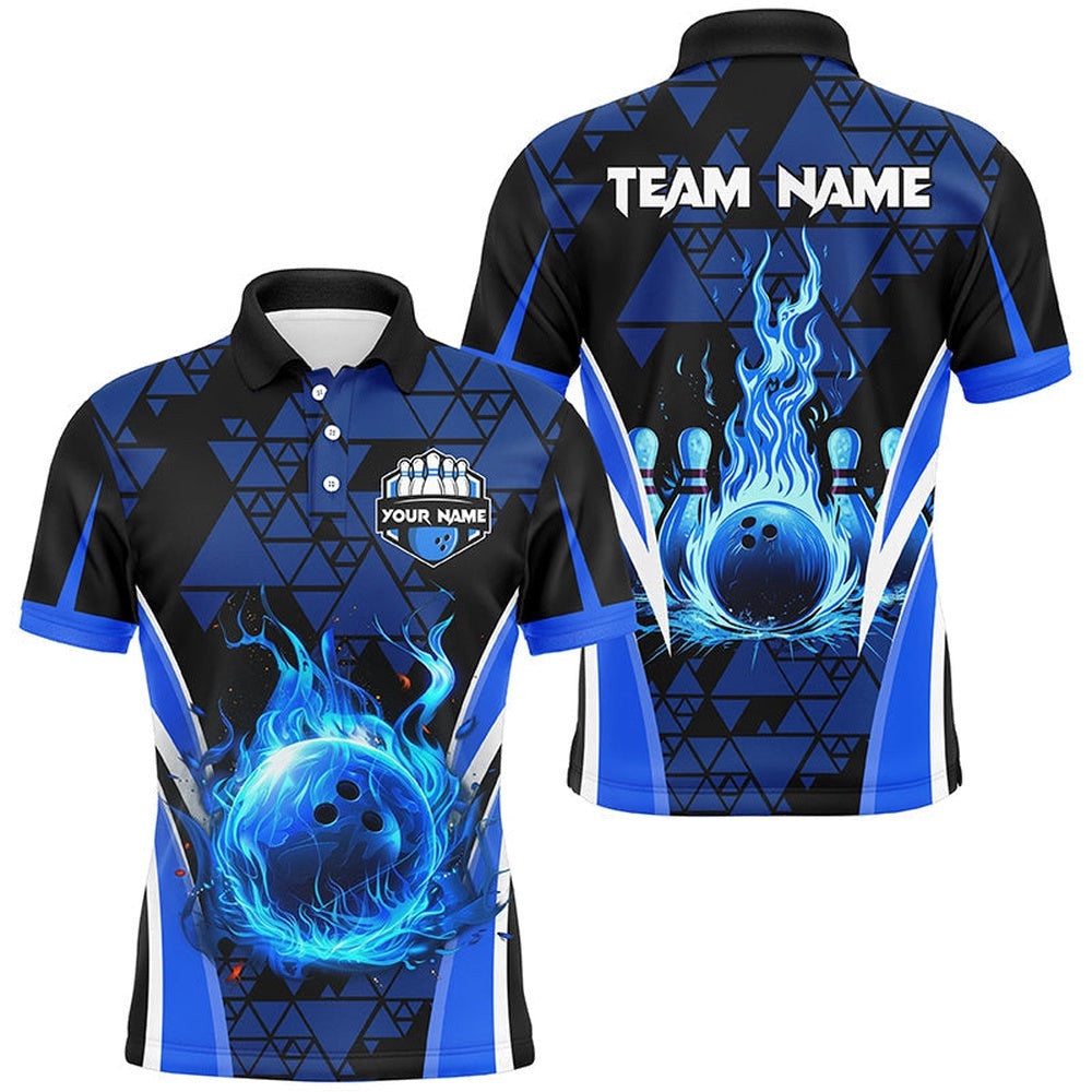 Blue Triangle Pattern Flame Bowling Ball Pins Custom Men Bowling Polo Shirts, Team Bowling Polo Shirt, Personalized Bowling Team Shirt