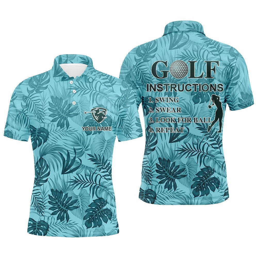 Blue Tropical Plants Men's Golf Polos Shirts Custom Golf Instruction Swing Swear Look For Ball Repeat, Golf Polo Shirt, Golf Shirts