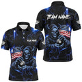 Blue Skull Thunder Lightning Us Flag Custom Billiard Shirts, Patriotic Billiard Team Polo, Personalized Billiard Polo Shirt