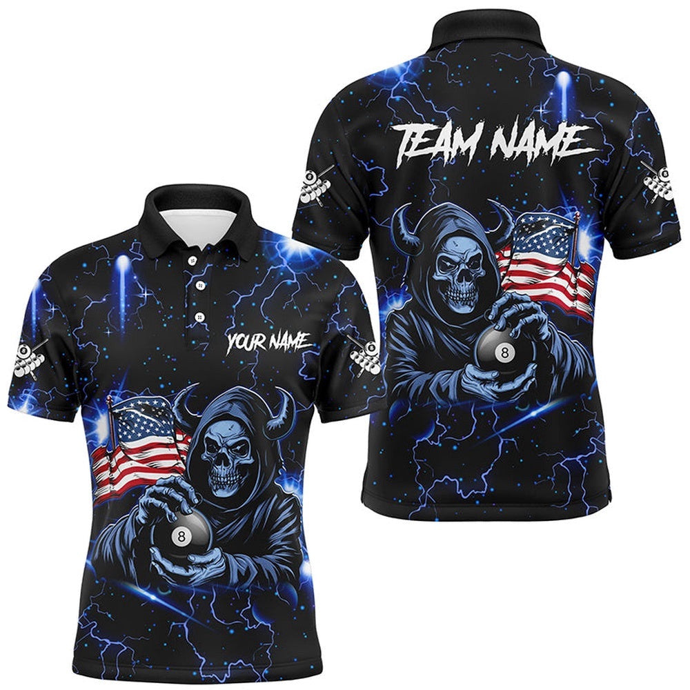 Blue Skull Thunder Lightning Us Flag Custom Billiard Shirts, Patriotic Billiard Team Polo, Personalized Billiard Polo Shirt