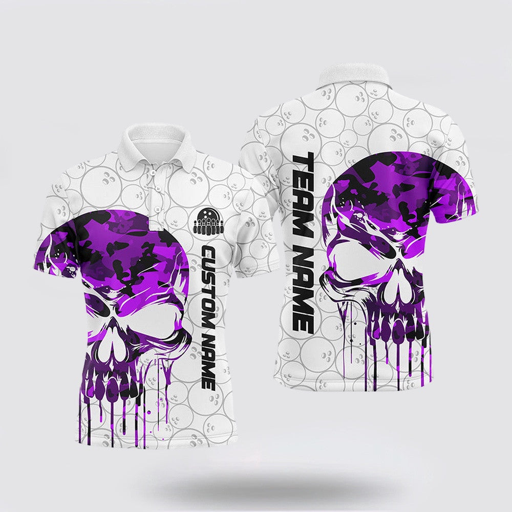 Bowling Polo Shirt, Custom Purple Camo Skull Bowling Polo Shirts Men Team Bowling Jerseys Bowling League Outfit