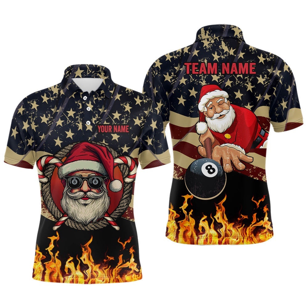 Funny Christmas Santa And Billiard Usa Flag Fire Custom Polo Shirts Patriotic Christmas Shirts, Personalized Billiard Polo Shirt