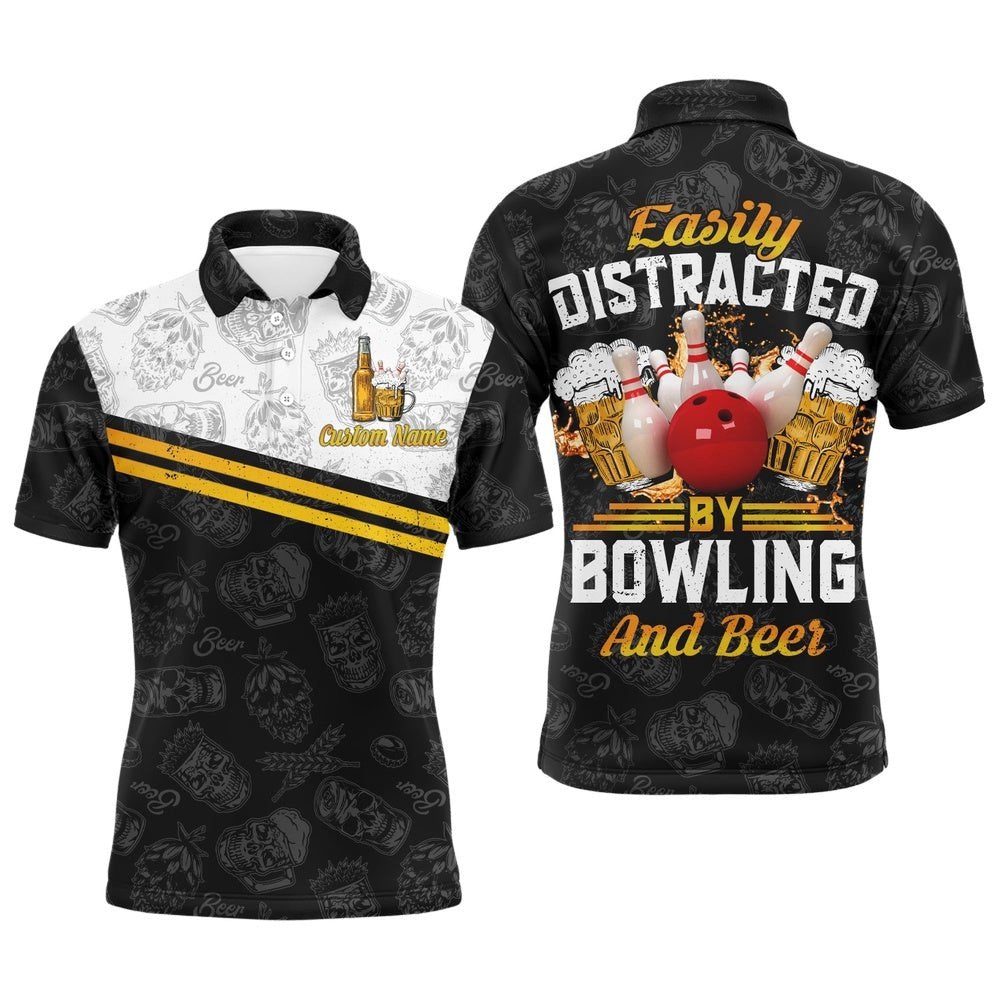 Funny Bowling Shirt For Men Easily Distracted By Bowling And Beer Custom Bowling Polo Polo Shirt, Personalized Bowling Team Shirt
