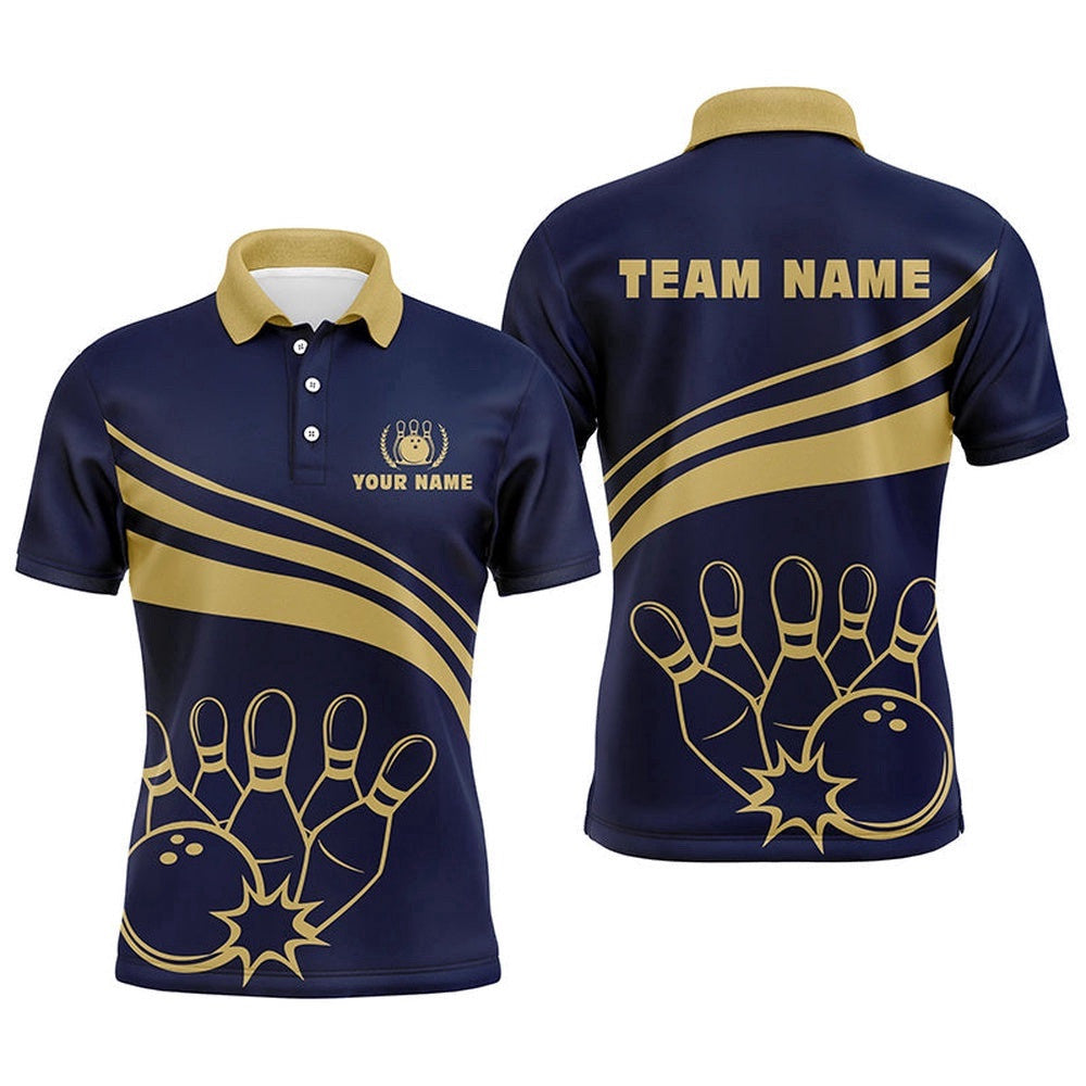 Gold Bowling Polo Shirts For Men, Custom Men's Bowling Shirt Team Bowl Polo Shirt Navy, Personalized Bowling Team Shirt