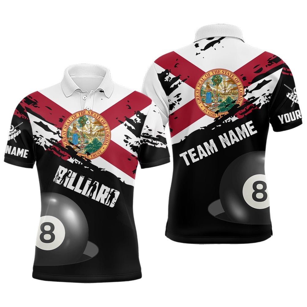 Grunge Florida Flag 8 Ball Billiard Shirts Custom Patriotic Billiard Polo, Personalized Billiard Polo Shirt