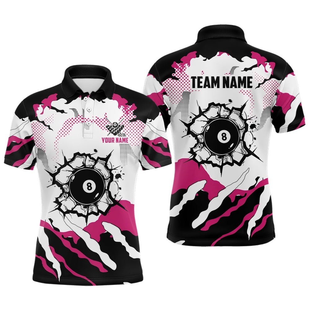 Funny Pink And White Camo 8 Ball Pool Break Custom Billiard Shirts, Billiard Polo Clothing, Personalized Billiard Polo Shirt