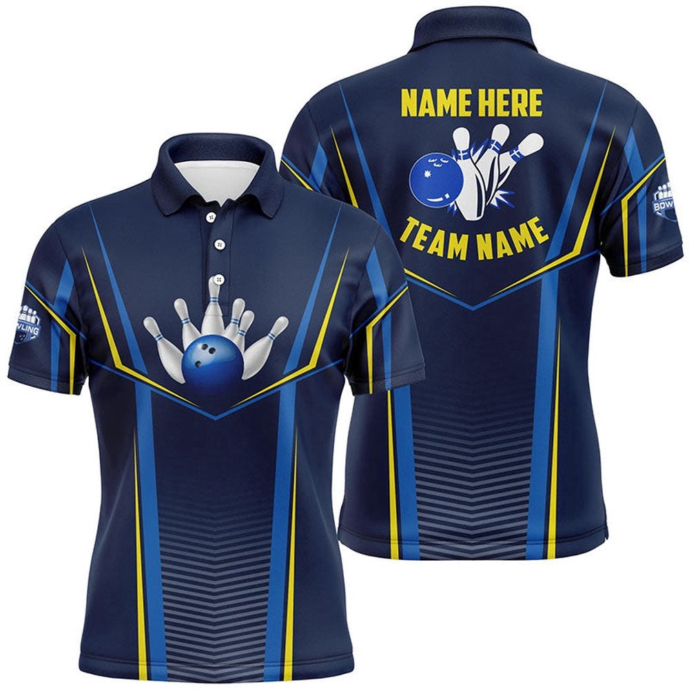 Bowling Polo Shirts For Men Custom Name,Team Name Bowling Ball Pins, Bowling Team League Shirt Blue, Personalized Bowling Team Shirt