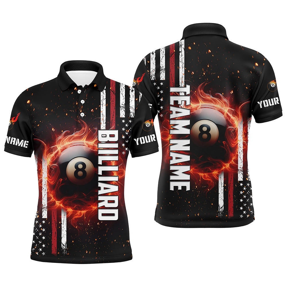 Flaming 8 Ball Pool Custom Patriotic Pool League Polo, Personalized Billiard Polo Shirt