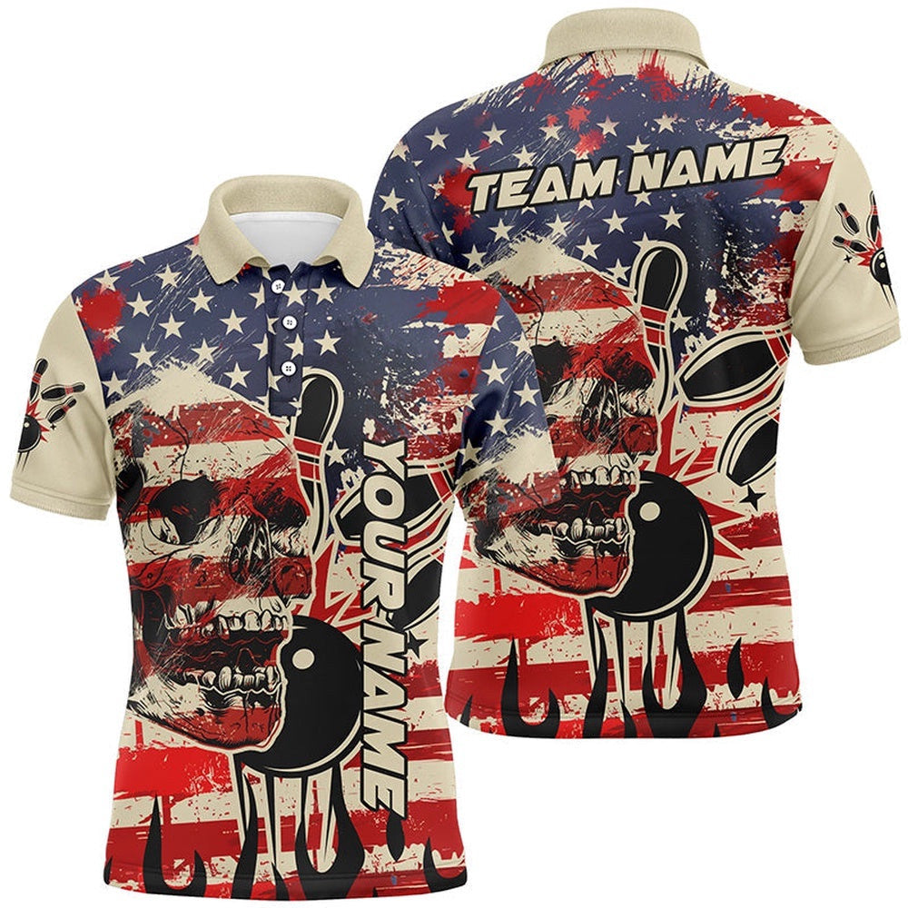 American Flag Skull Bowling Polo Shirt For Men Custom Team Bowling Polo Shirt For Men, Gift For Bowlers, Personalized Bowling Team Shirt