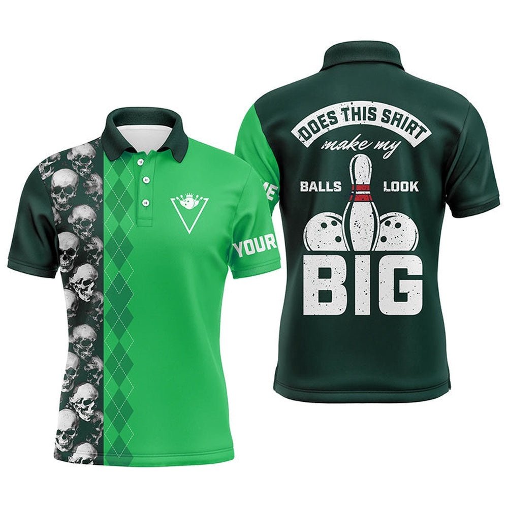 Funny Green Skull Bowling Polo Shirt For Men Custom Name Does This Shirt Make My Balls Look Big, Personalized Bowling Team Shirt