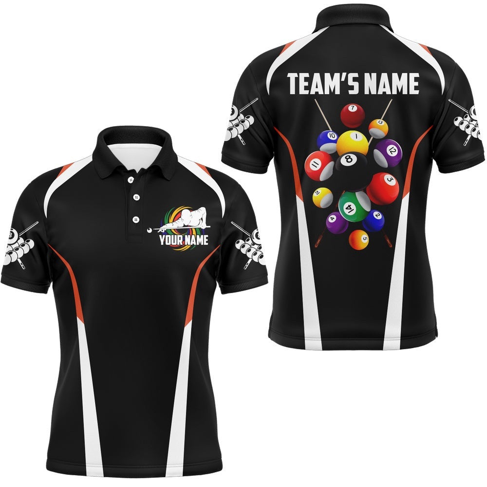 Billiard Balls 3D Polo Shirts, Custom Black Colors Billiard Players Polo, Personalized Billiard Polo Shirt