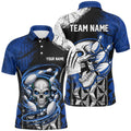 Blue And Black Custom Skull Bowling Shirts, Short Sleeve Bowling Polo Shirts For Men Bowling Uniform, Personalized Bowling Team Shirt
