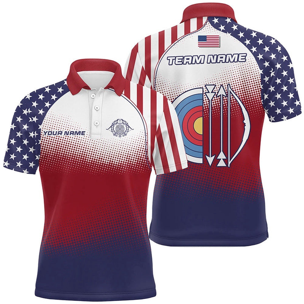 American Flag Target Archery Polo Shirts For Men, Custom Archery Polo Designs, Custom Archery Team Polo Shirt