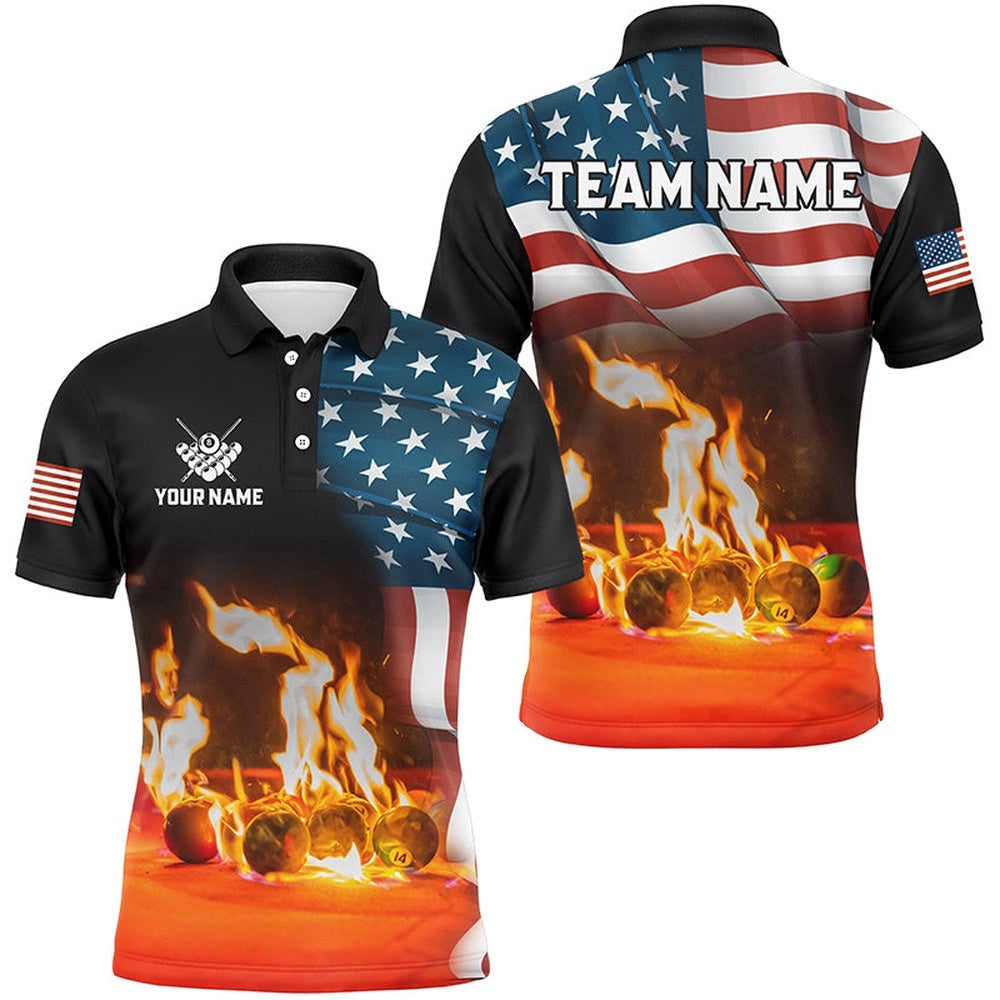 Billiard Balls Fire American Flag 3D Shirts Custom Patriotic Billiard Apparel, Personalized Billiard Polo Shirt