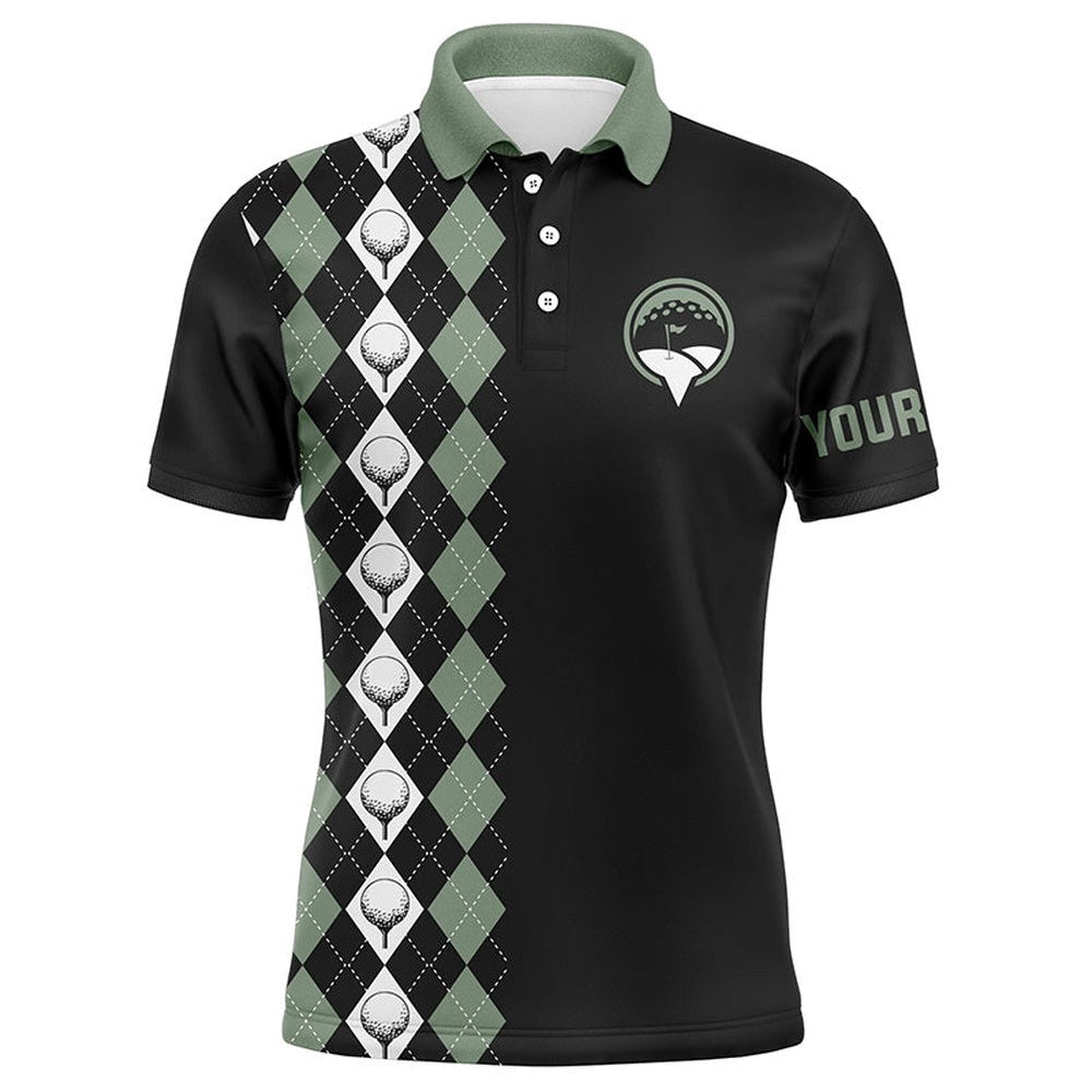 Green Argyle Pattern Black Men's Golf Polo Shirts Custom Name Golf Tops For Men's, Golf Polo Shirt, Golf Shirts