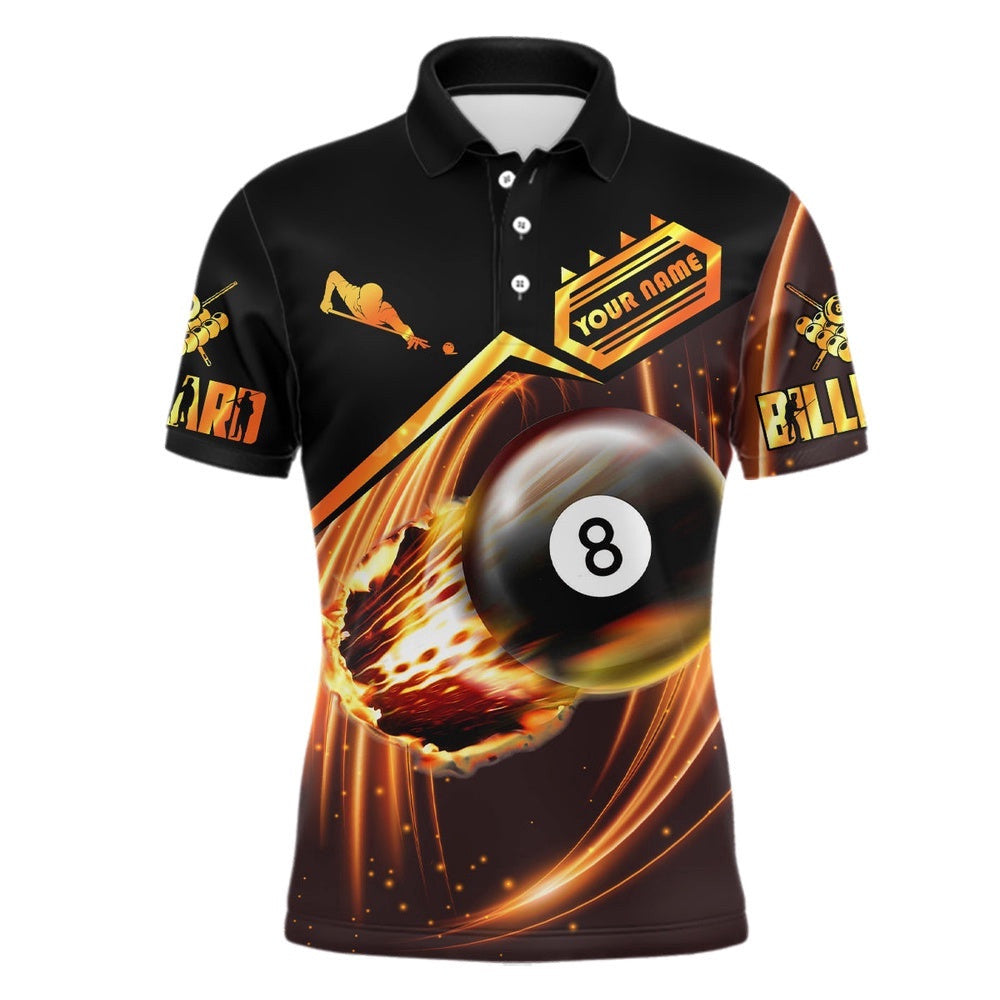 Ball 8 Fire Billiard 3D Polo Shirts, Custom Name Billiard Player Polo, Personalized Billiard Polo Shirt