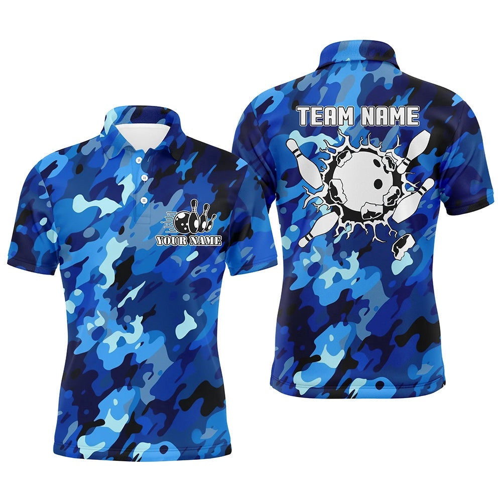 Bowling Polo Shirts For Men Custom Bowling Ball And Pins Blue Camo Bowling Team Polo Shirt, Personalized Bowling Team Shirt