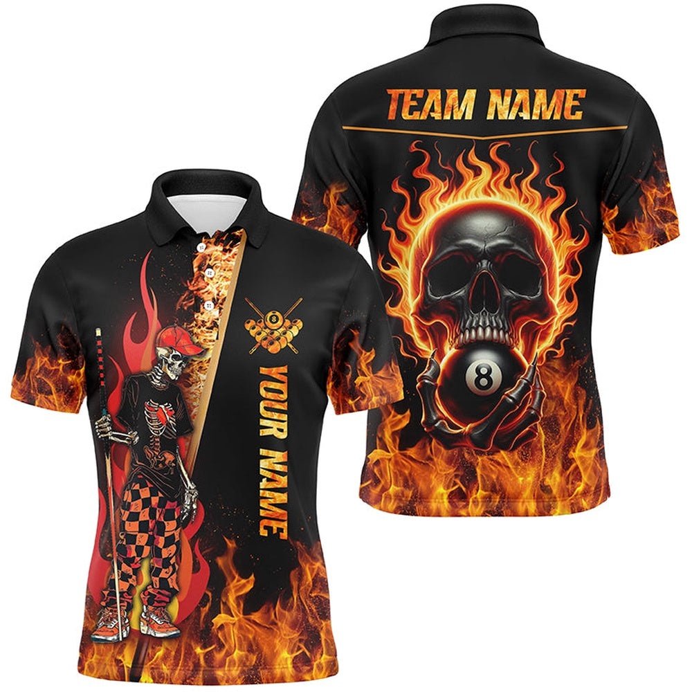 Funny Skeleton Fire Flame 3D Billiard Shirts Custom Skull 8 Ball Pool Shirts, Personalized Billiard Polo Shirt