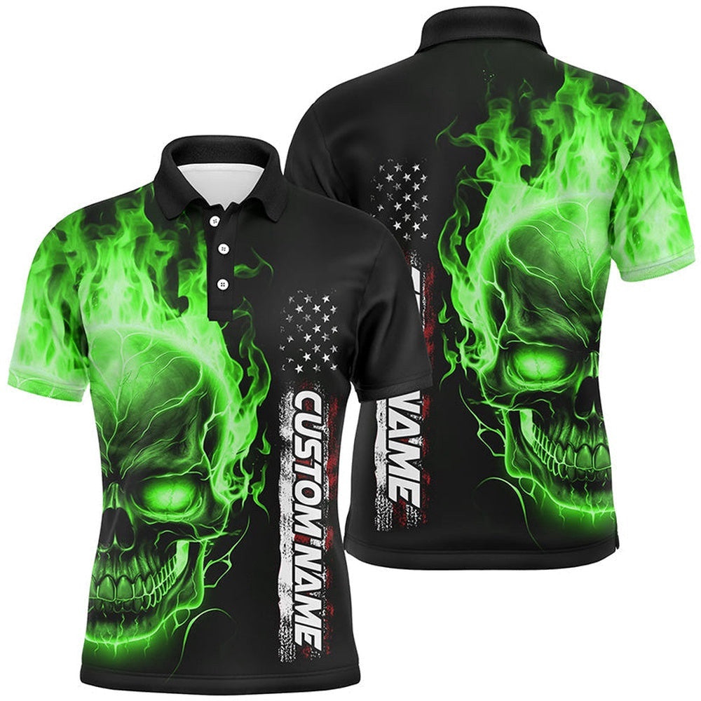 Green Flame Skull Custom Bowling Polo Shirts For Men And Women, American Bowling Team Polo Shirt, Personalized Bowling Team Shirt