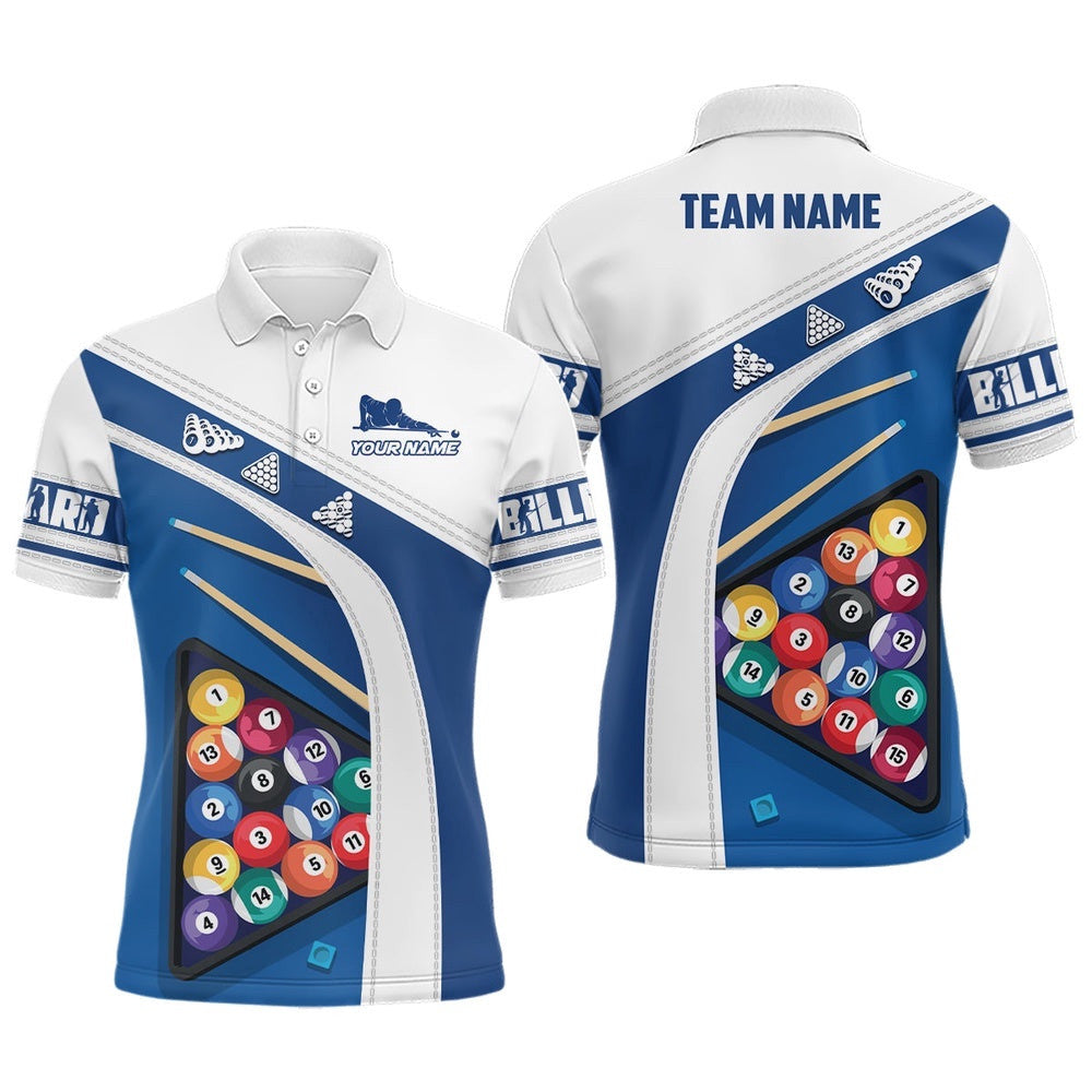 Blue White Billiard Balls 3D Polo Shirts, Custom 8 Ball Billiards Polo, Personalized Billiard Polo Shirt