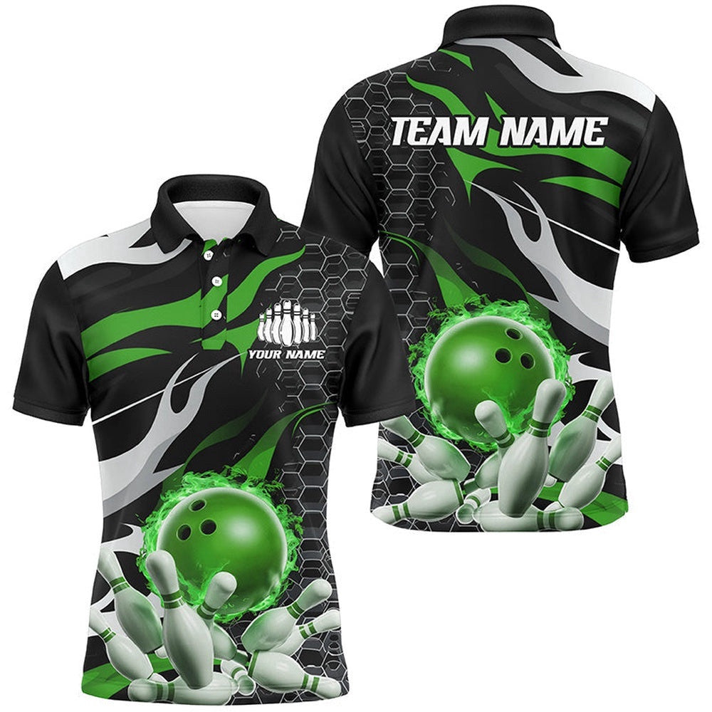 Green And Black Custom Flame Bowling Shirts For Men, Bowling Team Shirts Bowling Uniform, Personalized Bowling Team Shirt