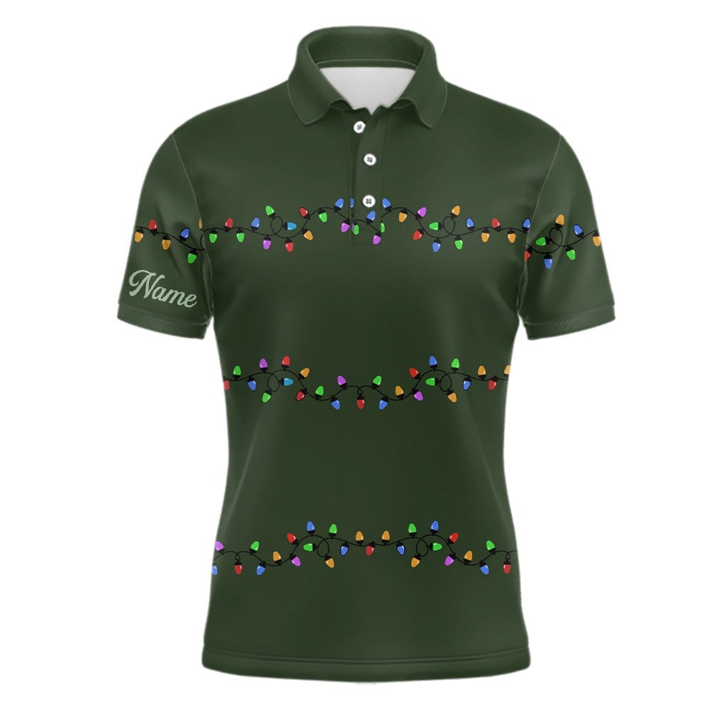 Green Christmas Light Men's Golf Polo Shirts Custom Men's Christmas Golf Shirt, Xmas Golf Tops For Men, Golf Polo Shirt, Golf Shirts