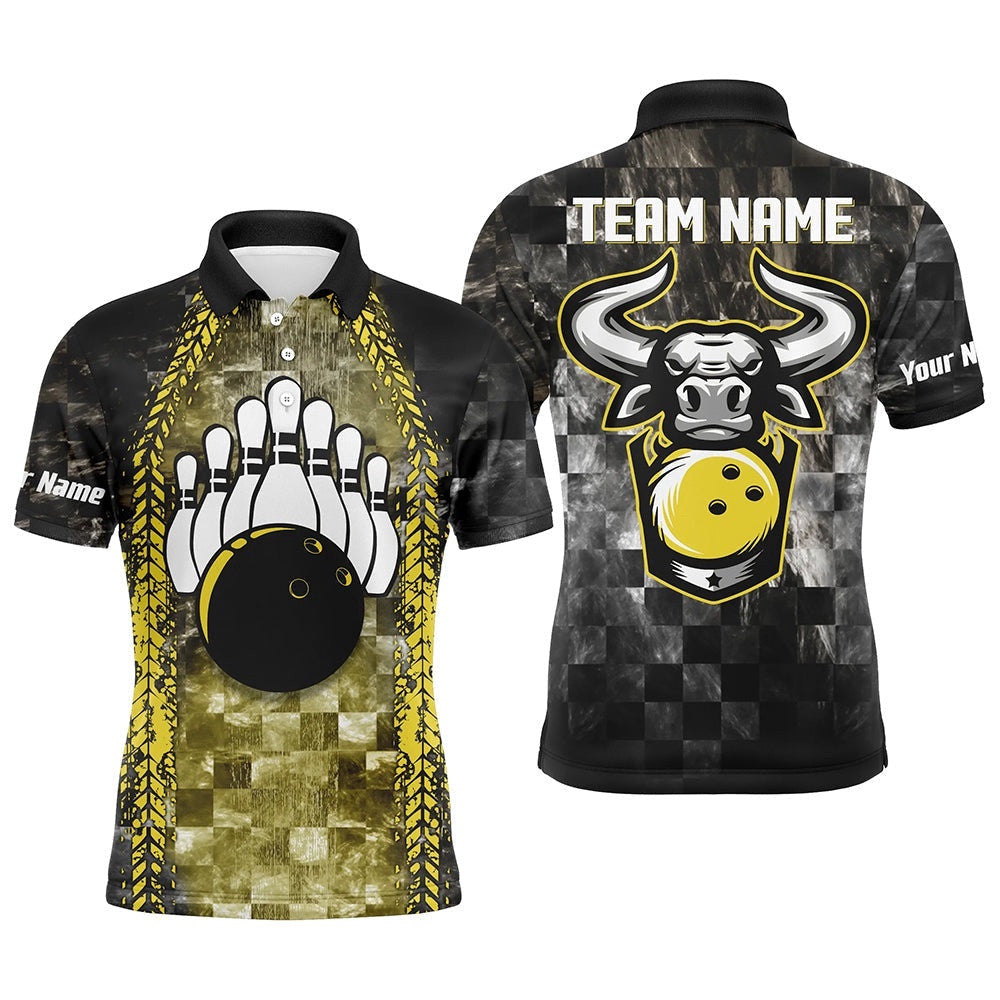 Bowling Bull Black And Yellow Mens Bowling Polo Shirts Custom Bowling Ball Pins Team League Polo Shirt, Personalized Bowling Team Shirt