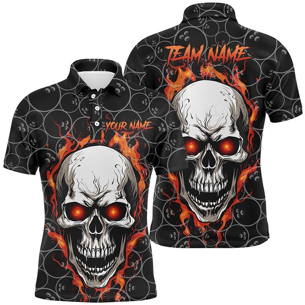 Bowling Pattern Red Flame Skull Custom Bowling Polo Shirts For Men, Bowling Team Shirts Polo Shirt, Personalized Bowling Team Shirt