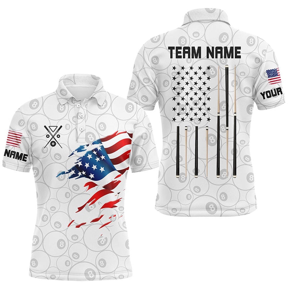 American Flag White Billiard Shirts Custom Patriotic Billiard Polo, Personalized Billiard Polo Shirt