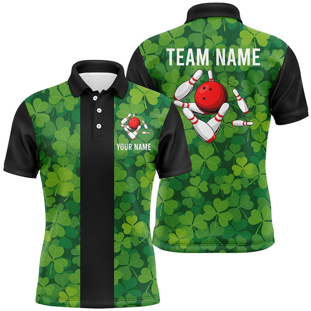 Green Clover Black Retro Bowling Polo Shirts For Men Custom Vintage Bowling Team Polo Shirt, Personalized Bowling Team Shirt