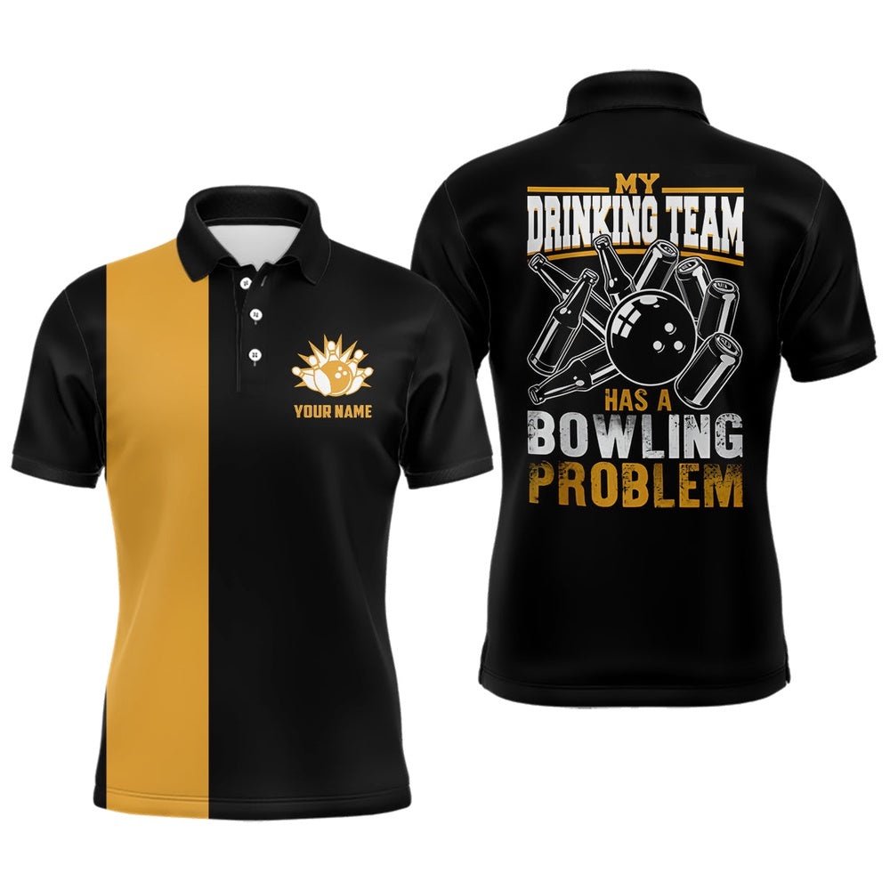 Funny Black Yellow Retro Bowling Polo Shirts For Men Custom My Drinking Team Has A Bowling Problem, Personalized Bowling Team Shirt