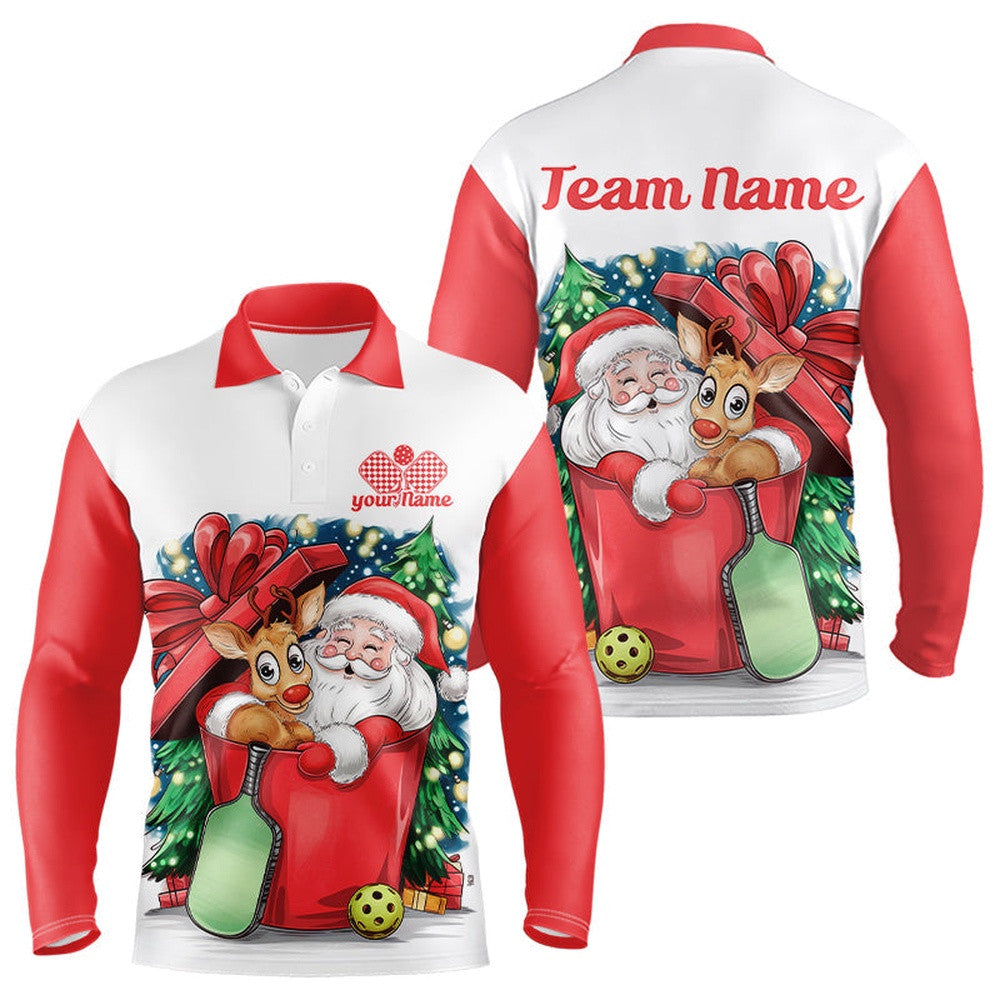 Funny Santa And Reindeer Custom Funny Pickleball Long Sleeve Polo Shirts For Men Pickleball, Pickleball Polo Shirts