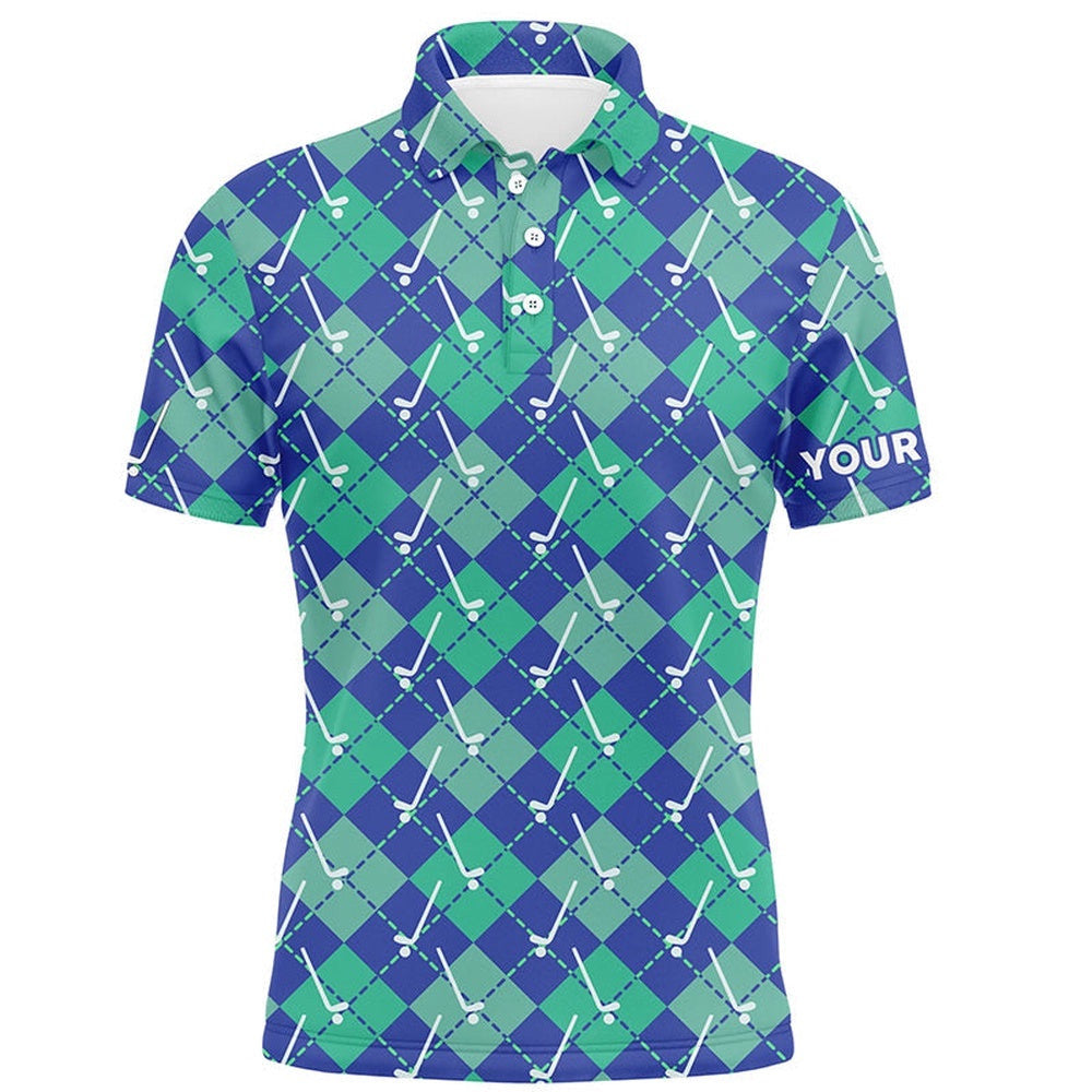 Green Blue Argyle Plaid Pattern Golf Clubs Custom Men's Golf Polo Shirt, Golf Tops For Men Golfing Gift, Golf Polo Shirt, Golf Shirts