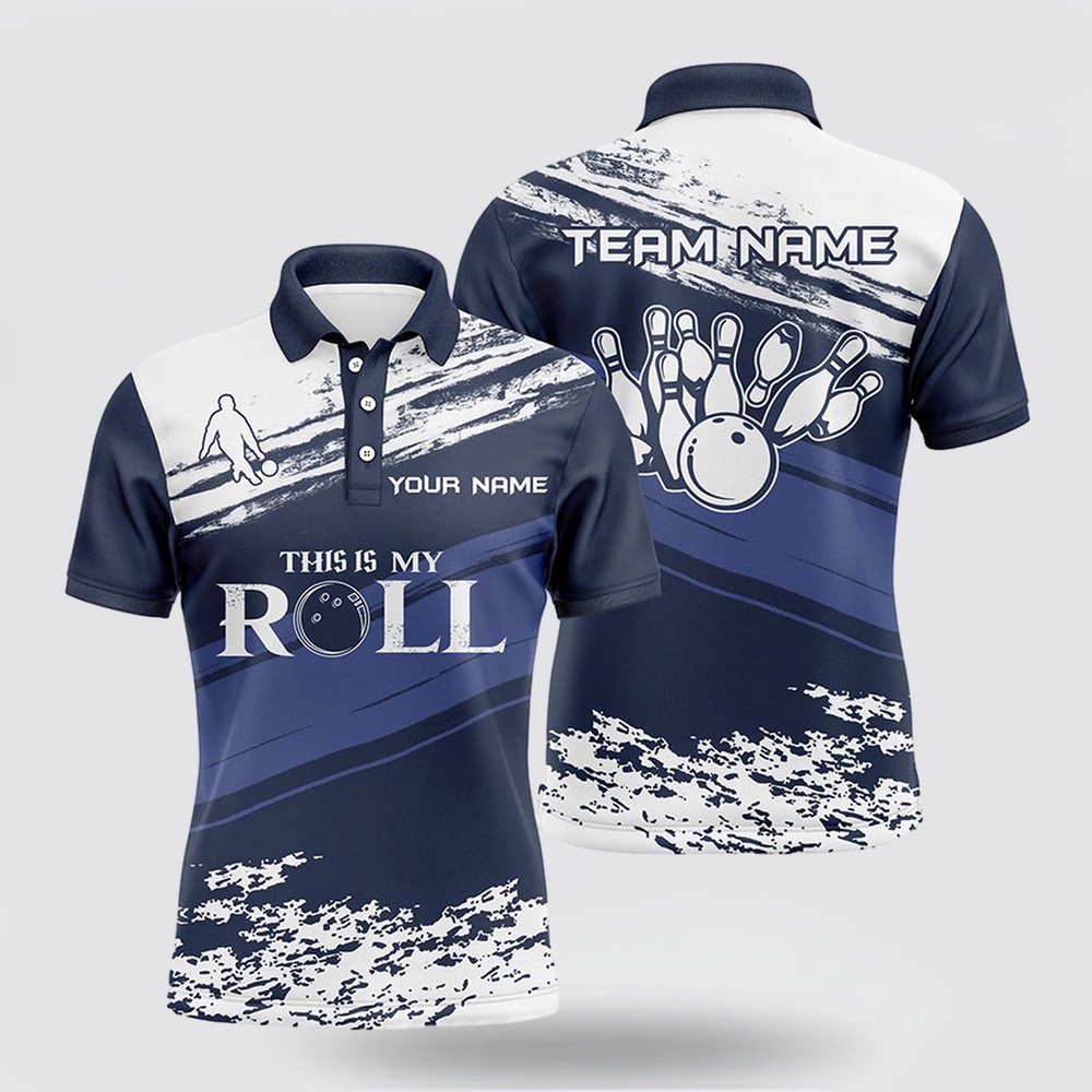 Bowling Polo Shirt, Men Bowling Short Sleeve Polo Shirt Custom Name Navy And White Team Men Bowlers Jersey This Is My Roll