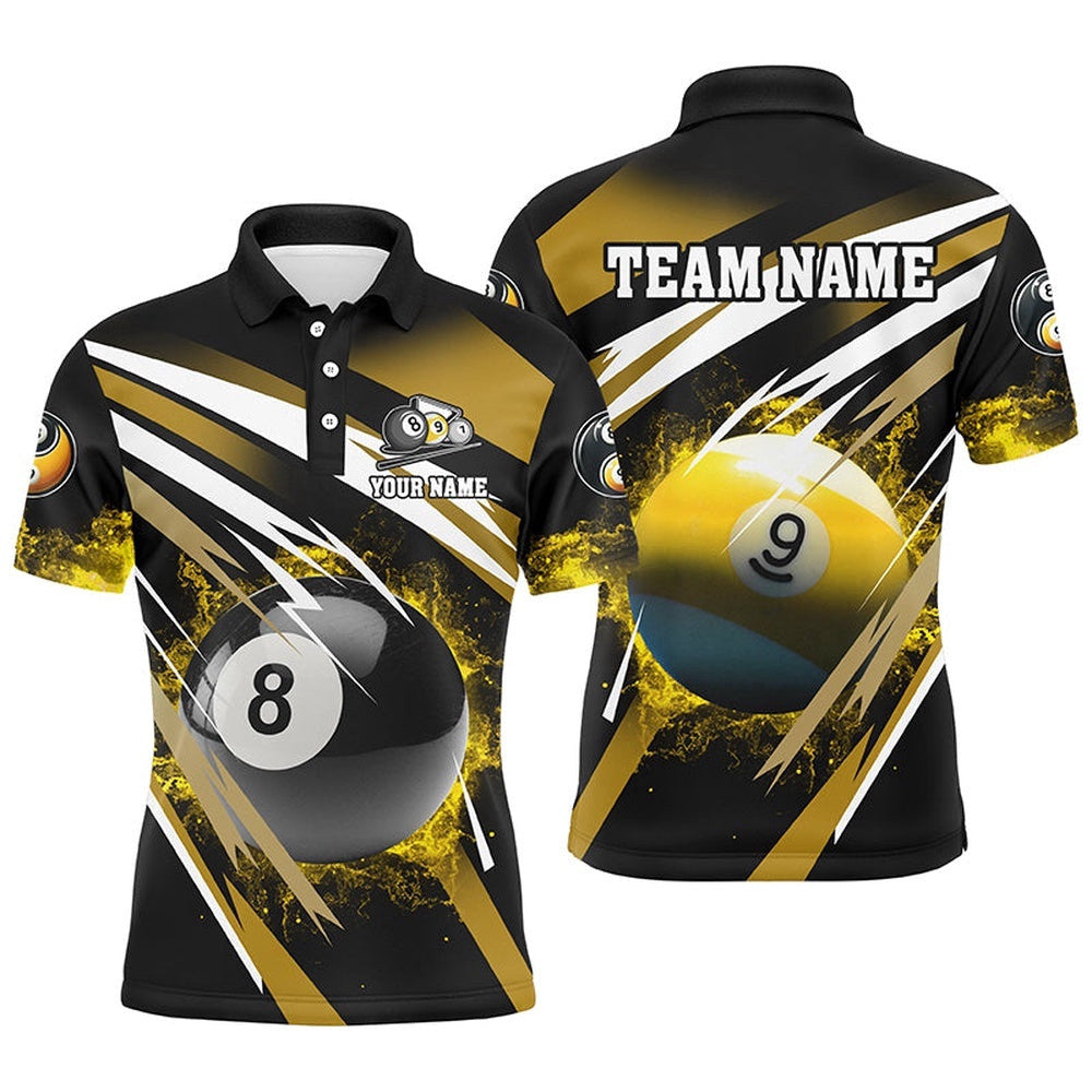 Billiard 8 Ball & 9 Ball Fire Polo Shirts Custom Billiard Polo Attire Yellow, Personalized Billiard Polo Shirt