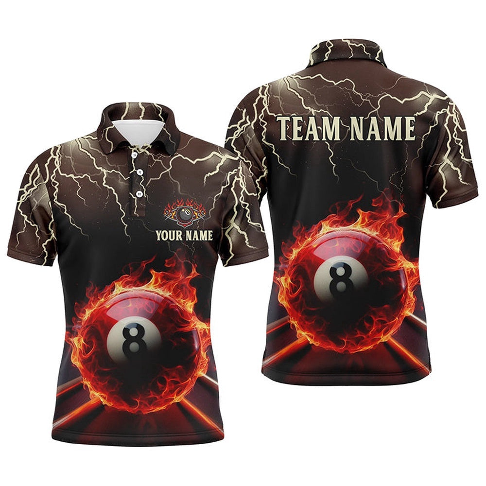 Flame Lightning Ball 8 Billiard's Polo Shirts Custom Pool Team Uniform Shirts, Personalized Billiard Polo Shirt