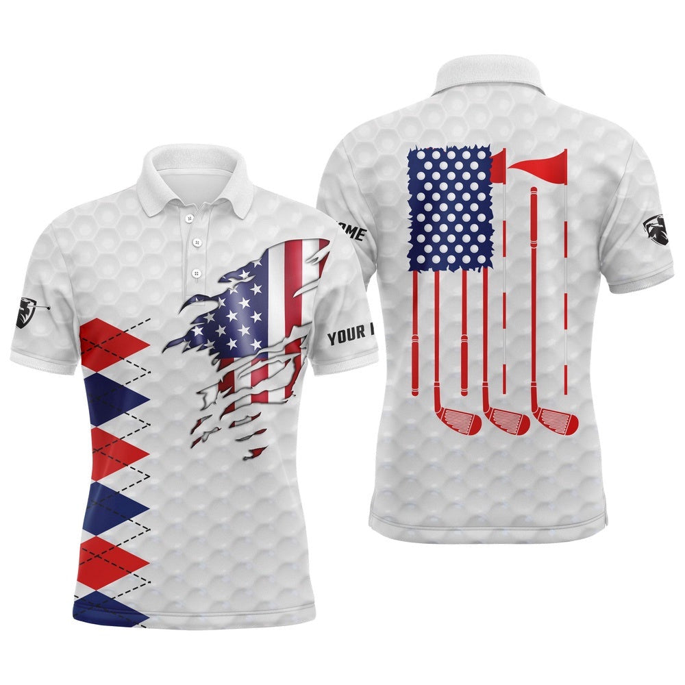 American Flag White Golf Polo Shirts For Men Personalized Patriotic Golf Gift Ideas For Him, Golf Polo Shirt, Golf Shirts